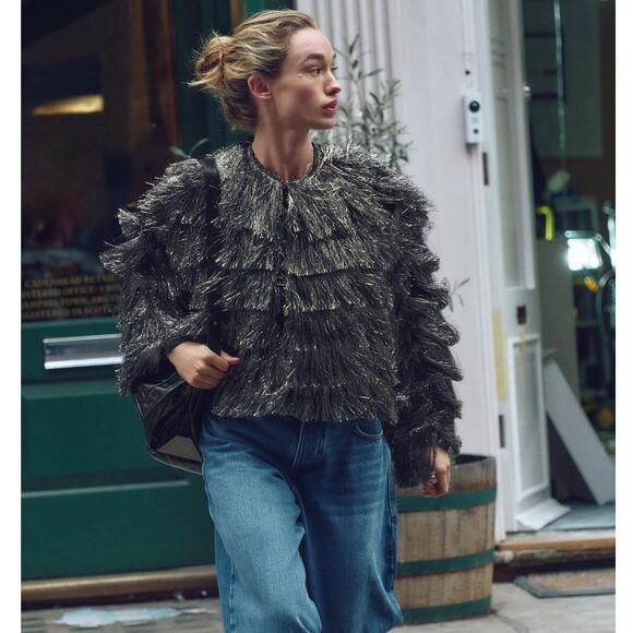 ZARA Fringed Metallic Thread Jacket NWT Silver Size S - Picture 11 of 16